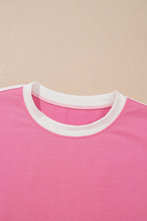 Sporty Chic Varsity Stripe Trim Crew Neck Tee Wide Leg Loungewear Set